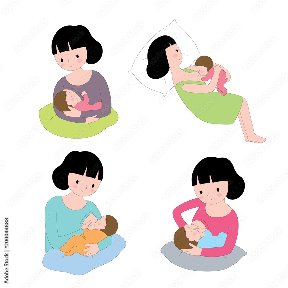 Cartoon cute actions woman feeding her baby vector set. Cartoon cute actions woman feeding her baby vector set.