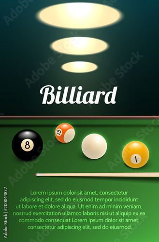 Billiards sport 3d banner with table, ball and cue