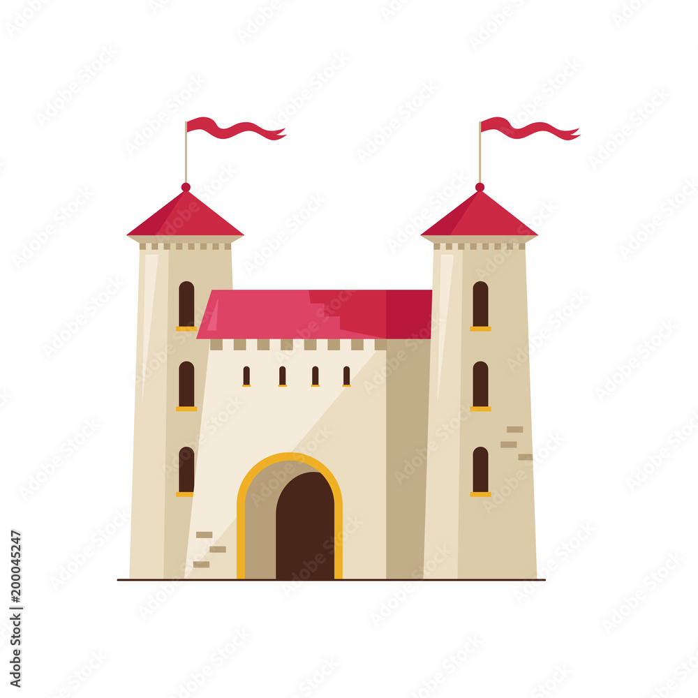 Medieval stone castle. Ancient history architecture isolated isolated on white background vector illustration.