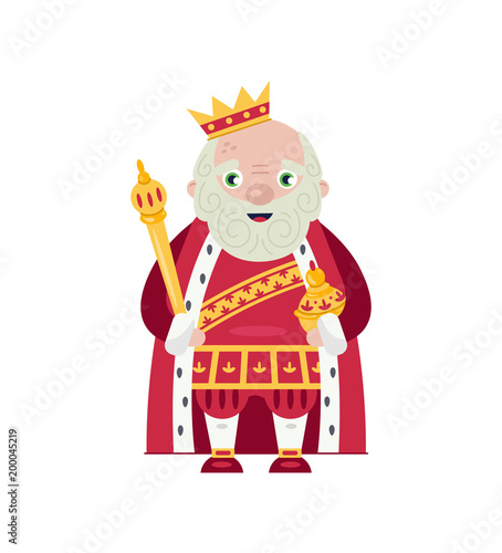 King wearing crown and mantle. Fairytale medieval character isolated on white background vector illustration.