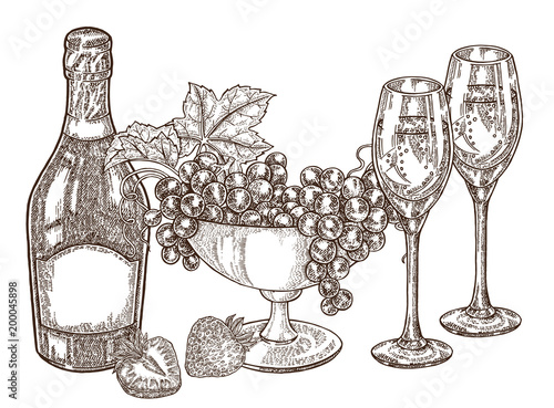 Hand drawn bottle champagne with grape and wine glasses. Vector illustration vintage. Alcohol drink set in sketch style. All is layered.