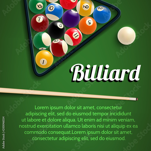 Billiards 3d poster with green table, ball and cue