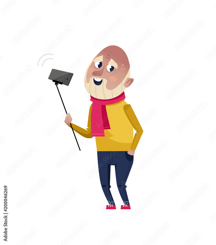 Handsome mature man doing selfie character. Happy old people lifestyle isolated on white background vector illustration. Handsome mature man doing selfie character. Happy old people lifestyle isolated on white background vector illustration.
