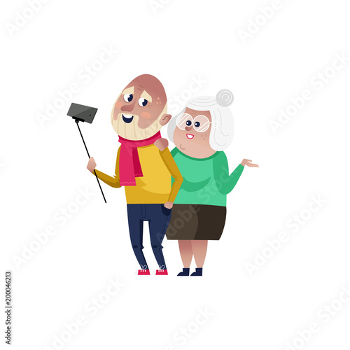 Smiling old couple doing selfie character. Happy old people lifestyle isolated on white background vector illustration.