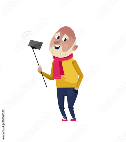 Handsome mature man doing selfie character. Happy old people lifestyle isolated on white background vector illustration.
