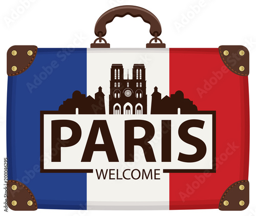 Vector travel banner with suitcase in colors of french flag with the famous Cathedral of Notre Dame de Paris, France. The inscription Paris welcome