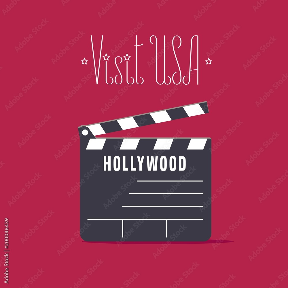 Visit USA, Hollywood image with movie clapper board vector illustration, poster