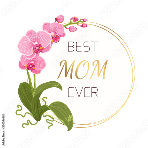 Mothers day greeting card template. Exotic pink purple orchid phalaenopsis flower plant. Decorated round circle border frame wreath. Shiny golden gradient text placeholder. Vector design illustration.