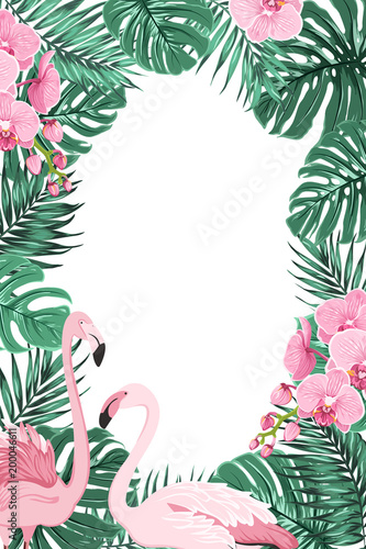 Tropical jungle rainforest green palm tree monstera leaves, orchid phalaenopsis flowers exotic pink flamingo birds. Border frame decoration template for invitation greeting card banner poster.