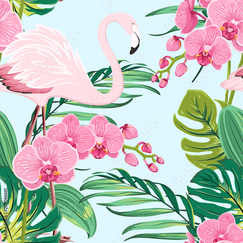Bright orchid phalaenopsis flowers, exotic pink flamingo bird, tropical rainforest jungle tree palm mostera green leaves. Seamless pattern on light blue background. Vector design illustration.
