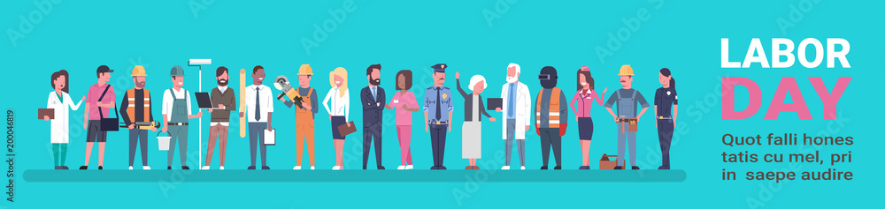 Labor Day Poster With People Of Different Occupations Over Background With Copy Space Horizontal Banner Flat Vector Illustration