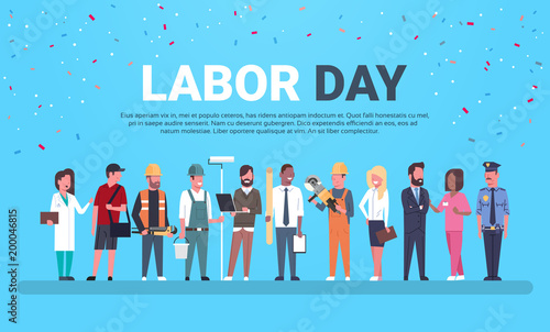 Labor Day Poster With People Of Different Occupations Over Background With Copy Space Flat Vector Illustration photo