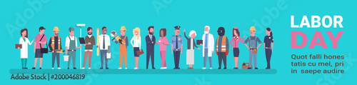 Labor Day Poster With People Of Different Occupations Over Background With Copy Space Horizontal Banner Flat Vector Illustration