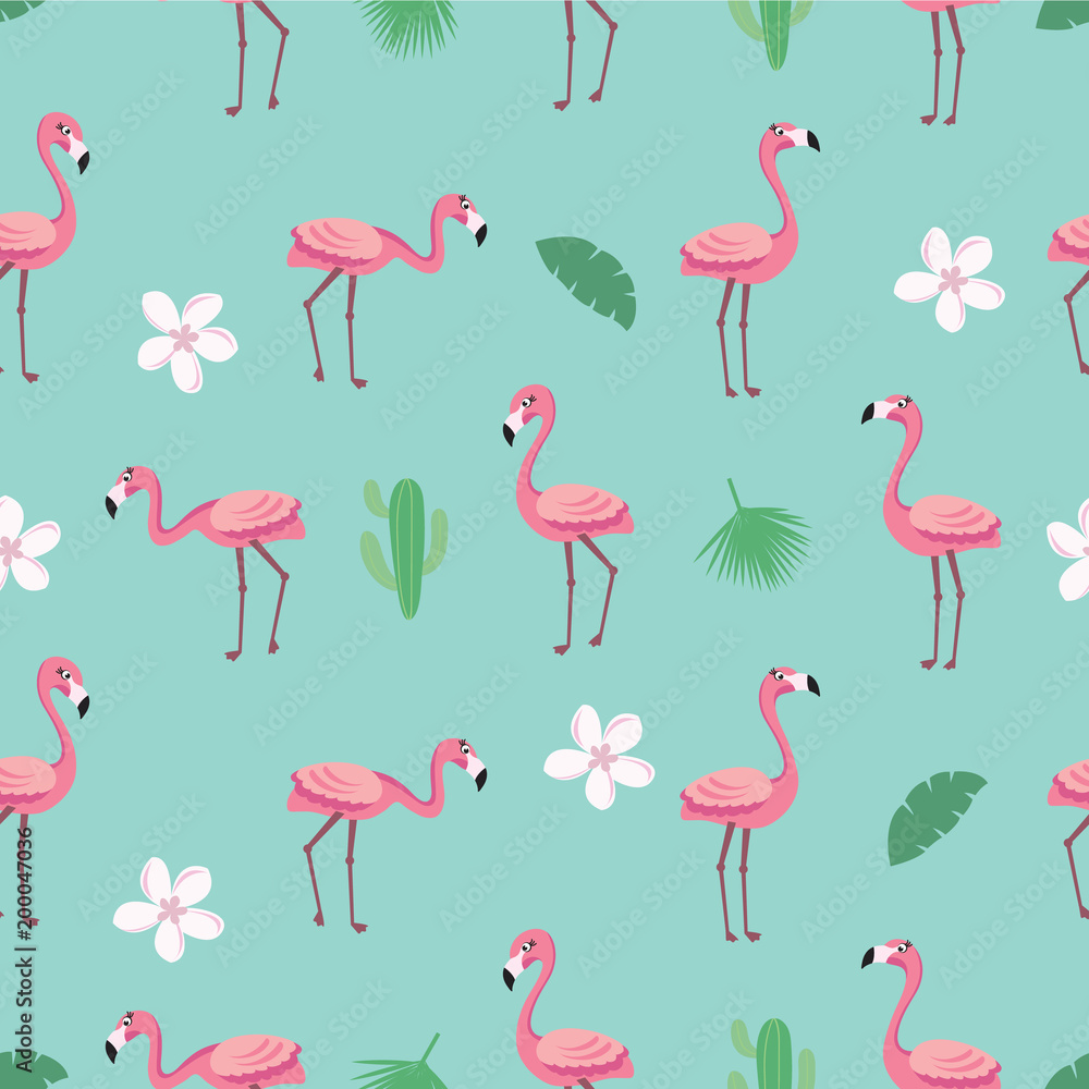 Obraz premium Flamingo pattern - trendy seamless pattern in flat style with flamingos, tropical flowers, leaves and cactus. Vector illustration design template