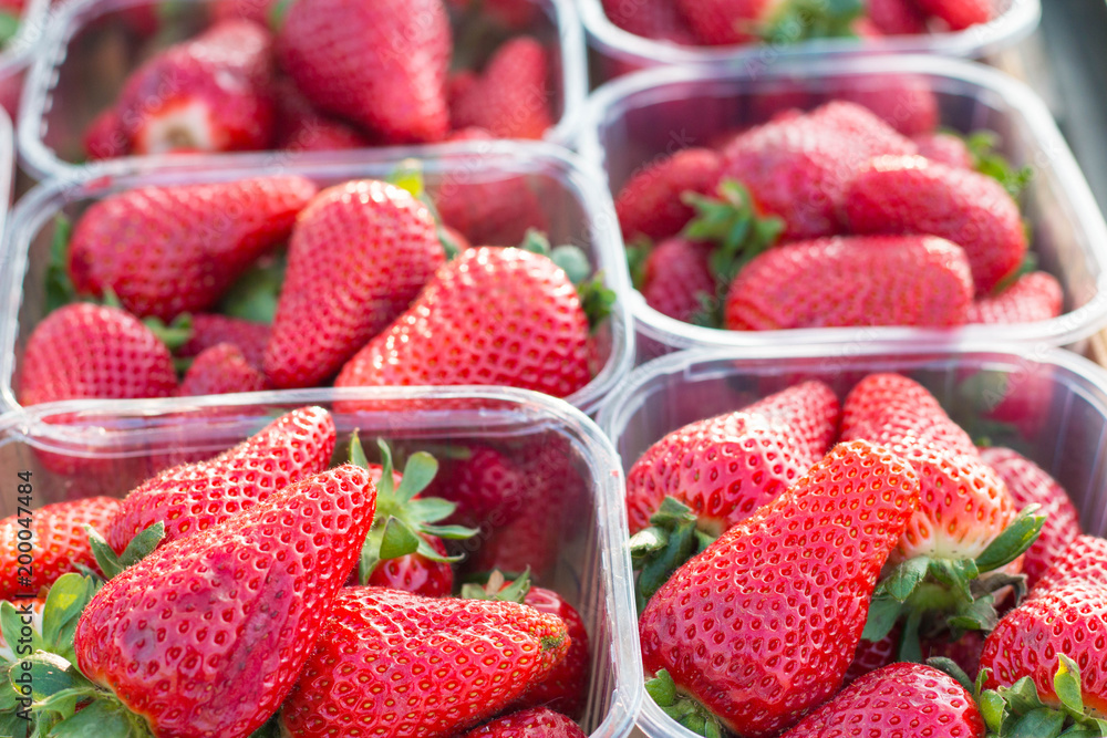 fresh strawberries in plastic boxes or baskets at marketplace. Close up with strawberry pattern, spring concept. fresh strawberries in plastic boxes or baskets at marketplace. Close up with strawberry pattern, spring concept.