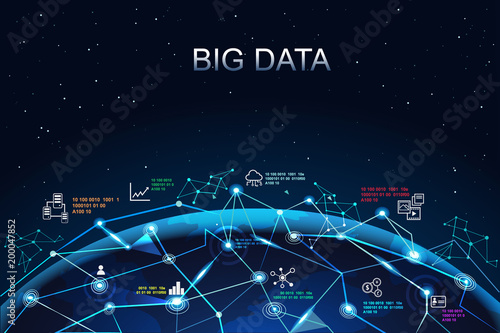 Big data connectivity with globe illustration infographic. digital light and flare.