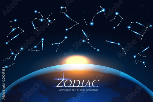 Zodiac Design concept astrology sings around the world. Horoscope set: Leo, Virgo, Scorpio, Libra, Aquarius, Sagitarius, Pisces, Capricorn, Taurus, Aries, Gemini, Cancer. EPS Vector illustration.