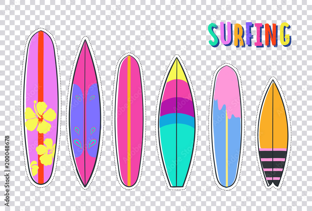 Summer colorful Surfing stickers collection. Isolated stickers, badges,  patches on transparent background Stock Vector | Adobe Stock