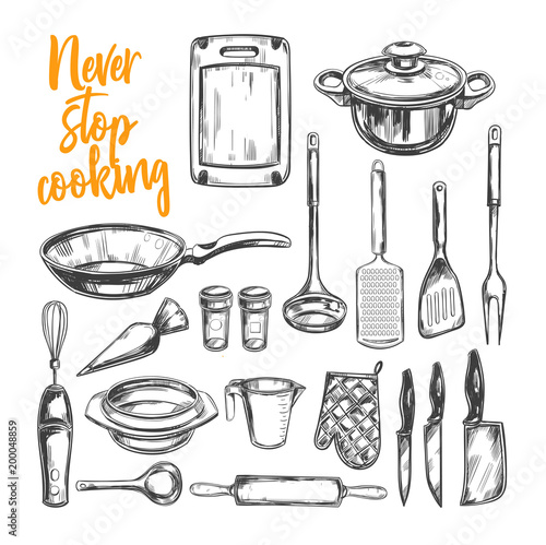 Never stop Cooking. Cooking classes and Kitchen utensil set. Vector hand drawn isolated objects. Icons in sketch style