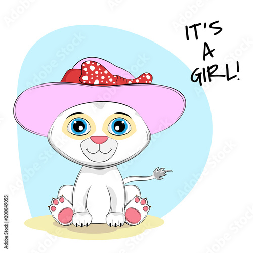 Fototapeta Naklejka Na Ścianę i Meble -  Cute cartoon lion in cap with lettering Its a Girl
