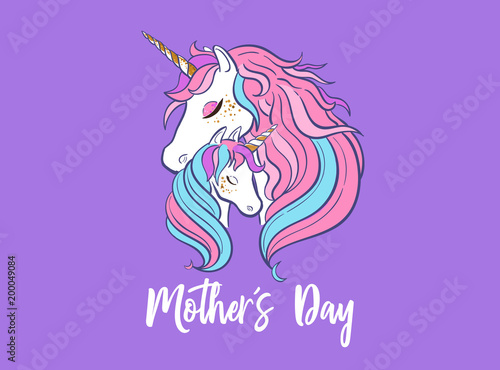 Happy Mothers day vector postcard with Unicorn family.