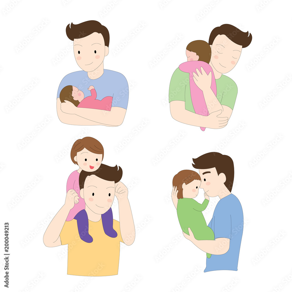 Cartoon cute action father and baby vector set. Cartoon cute action father and baby vector set.