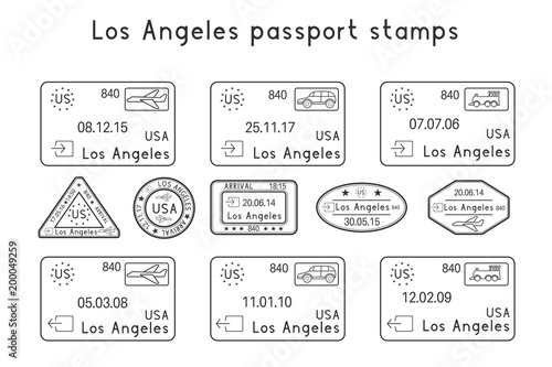 Passport stamps. Los Angeles, USA. Arrival and departure by car, train, plane. Set of black stamps