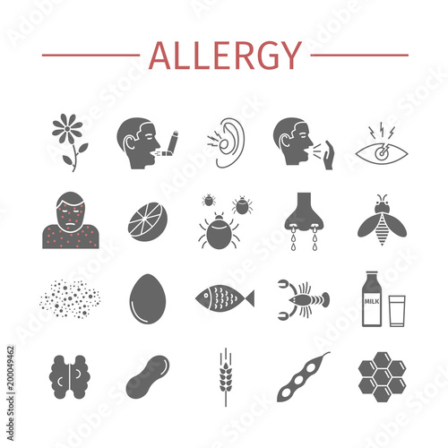 Allergy. Causes, symptoms. Flat icons set. Vector signs for web graphics.
