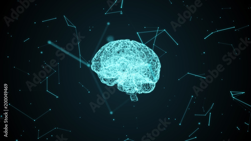 Human brain inside a digital cyberspace. Neural cells formed by particles. Blue abstract futuristic science and technology motion background. 3D rendering of artificial intelligence concept in 4k UHD