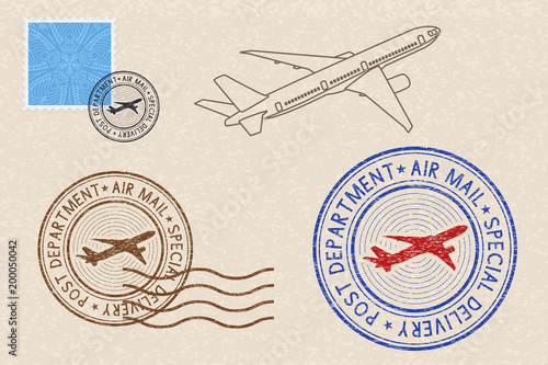 Postmarks and postal elements on beige background