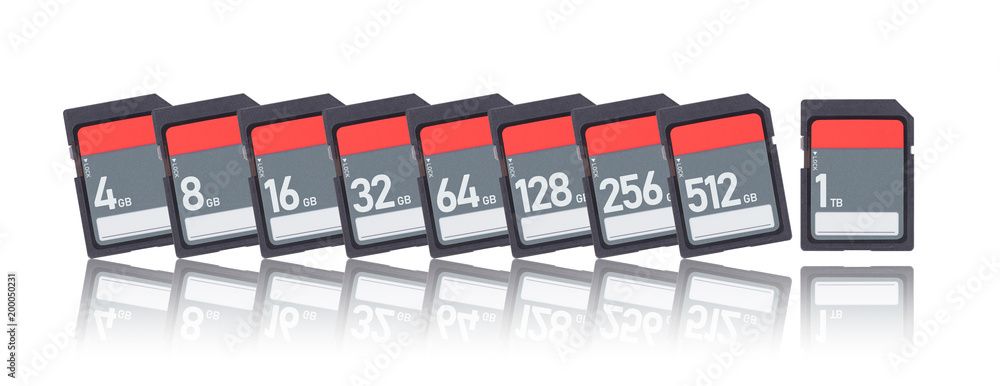 Memory cards isolated on white background - Range from 4gb to 1tb Memory cards isolated on white background - Range from 4gb to 1tb