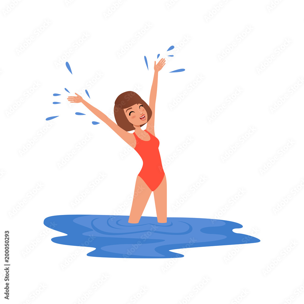 Young woman in red swimsuit standing in blue water of lake or river vector Illustration on a white background