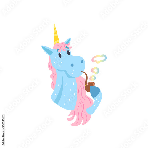 Cute funny unicorn character smoking pipe with rainbow smoke cartoon vector Illustration on a white background
