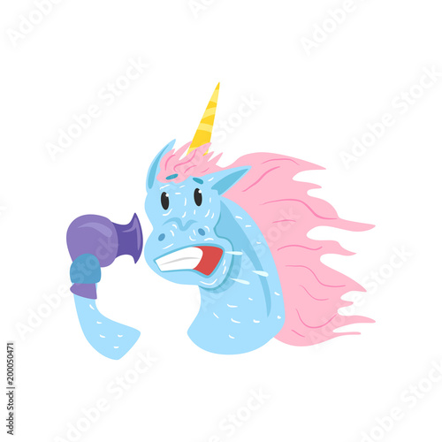 Cute funny unicorn character blowing dry its mane with hairdryer cartoon vector Illustration on a white background