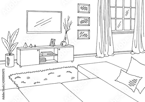 Living room graphic black white interior sketch illustration vector
