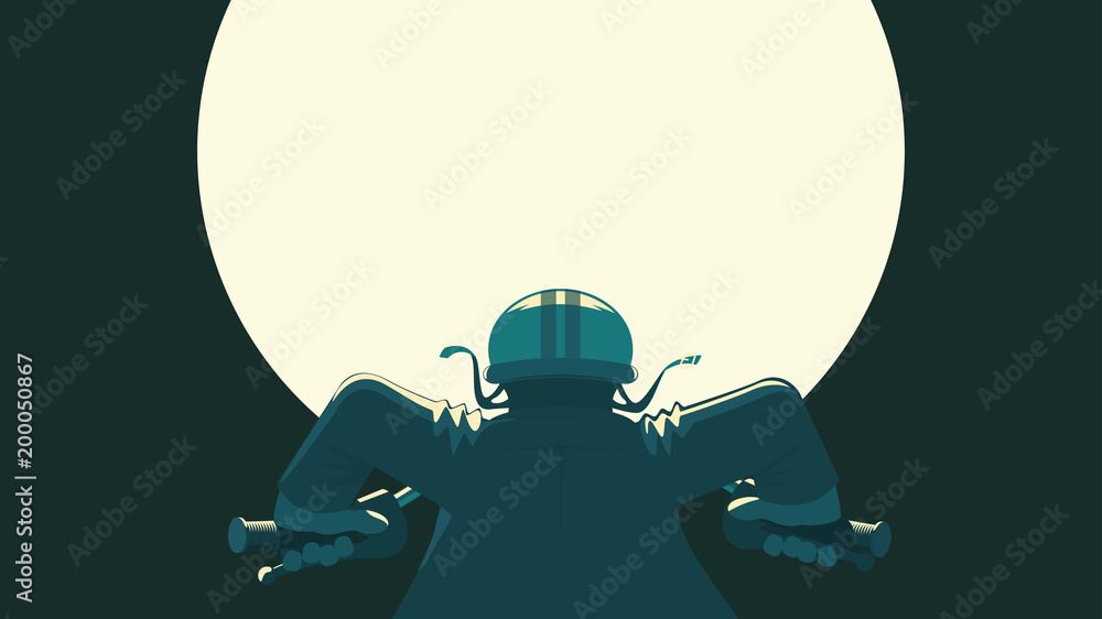 Fototapeta premium Rear view of motorcyclist wearing vintage helmet against big moon background.