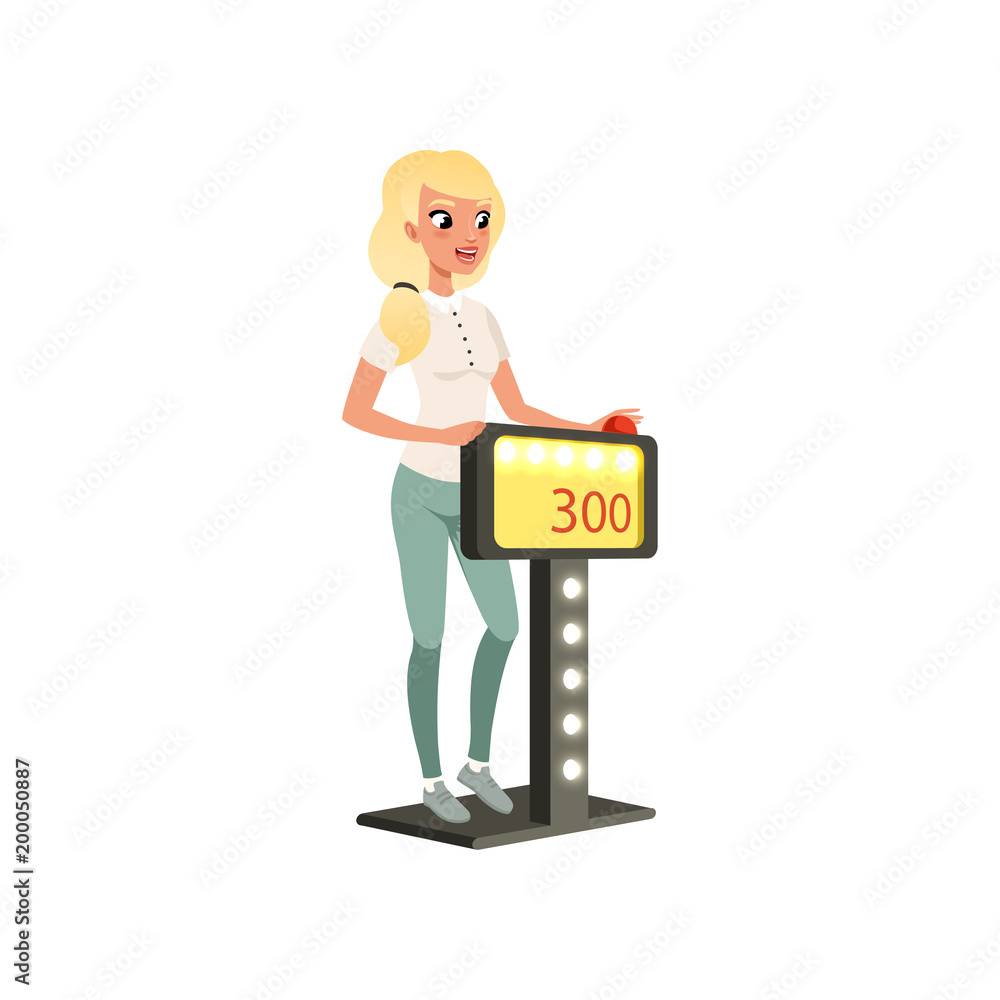 Young beautiful blonde woman taking part at quiz show, player answering questions standing at stand with button vector Illustration on a white background Young beautiful blonde woman taking part at quiz show, player answering questions standing at stand with button vector Illustration on a white background