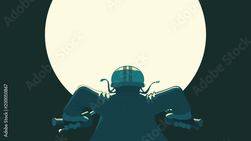 Rear view of motorcyclist wearing vintage helmet against big moon background.