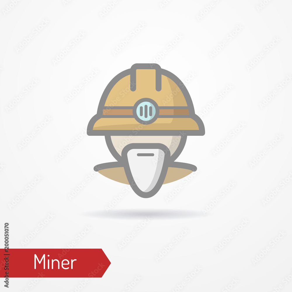 Typical simplistic miner face in professional helmet with light. Miner or digger head isolated icon in flat style with shadow. Profession vector stock image. Typical simplistic miner face in professional helmet with light. Miner or digger head isolated icon in flat style with shadow. Profession vector stock image.
