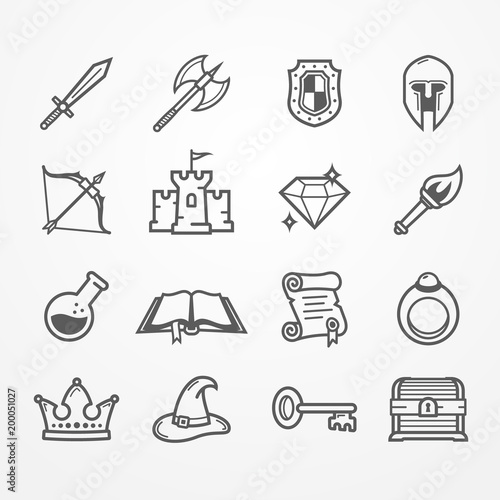 Set of fantasy role play PC game icons in line style. Sword battle axe shield warrior helmet bow castle diamond torch potion spell book scroll. Vector stock image.