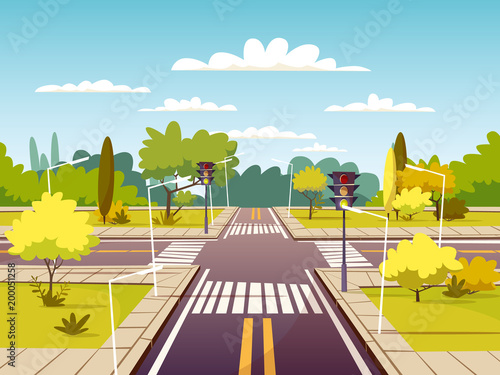 Street crossroad vector illustration of traffic lane and pedestrian crossing or crosswalk with marking. Cartoon flat design of urban road with traffic light for carsharing or car navigation technology