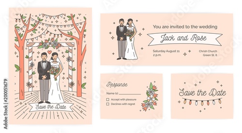 Collection of Save The Date card, wedding ceremony invitation and response no...