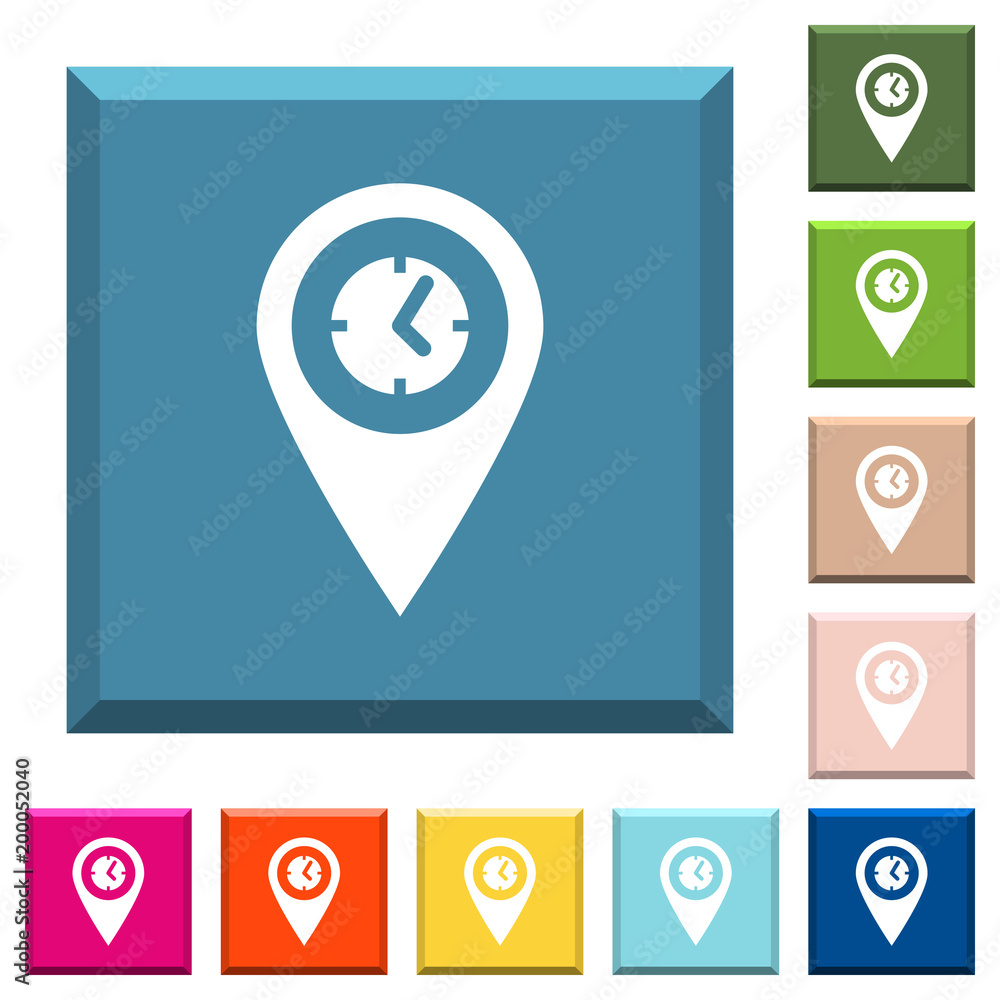 Arrival time GPS map location white icons on edged square buttons Arrival time GPS map location white icons on edged square buttons