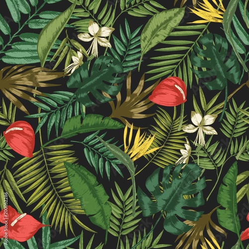 Botanical seamless pattern with foliage of exotic jungle plants on black background. Backdrop with leaves of tropical palm trees. Vector illustration for wrapping paper, textile print, wallpaper.