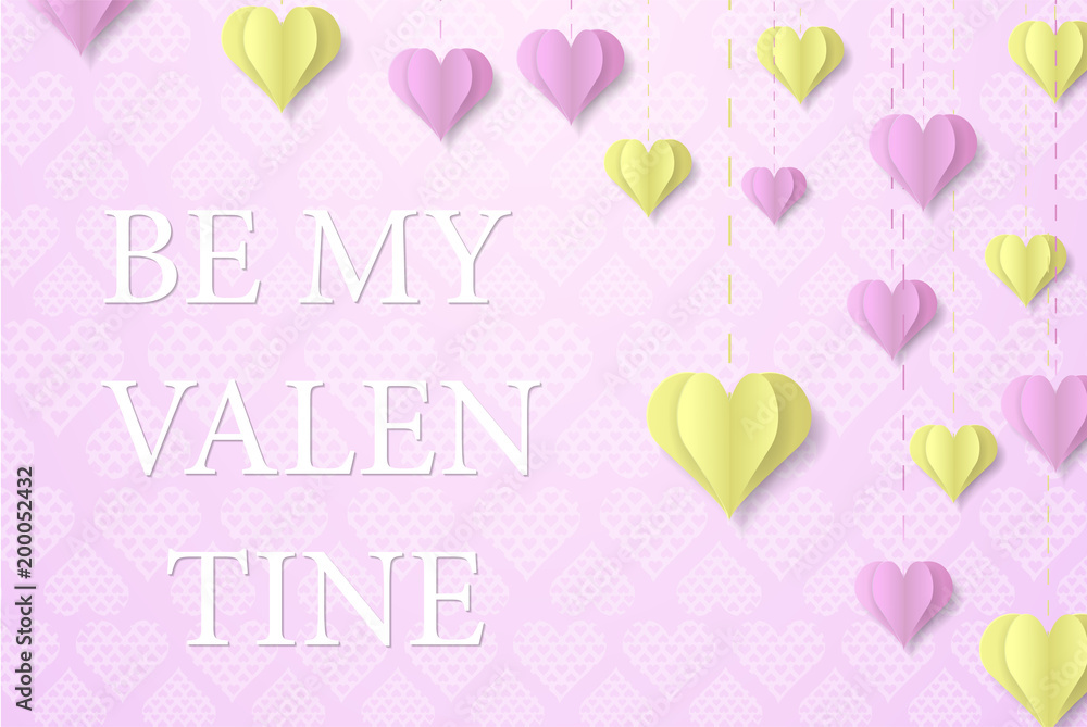 Happy Valentine's Day design for greeting card. Can be used on banners or web. 3D paper style. Heart hanging on a thread, inscription: Happy Valentines Day, pink background. Vector illustration. Happy Valentine's Day design for greeting card. Can be used on banners or web. 3D paper style. Heart hanging on a thread, inscription: Happy Valentines Day, pink background. Vector illustration.