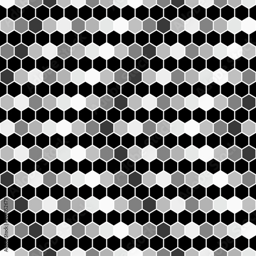 Gray and black seamless background on which the arrow points left or back. Vector polygonal pattern made of hexagon.