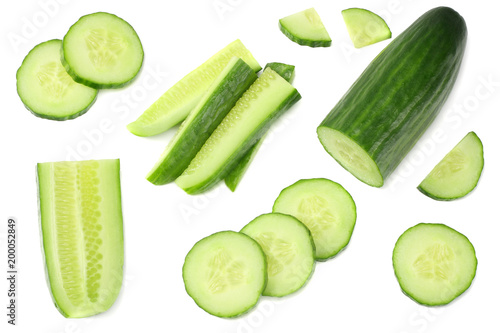 fresh cucumber slices isolated on white background. top view photo