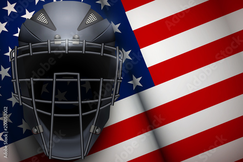 Poster of Catcher Mask Helmet on American Flag Backgound. Baseball and Softball Games. Sport equipment and gear. Vector Illustration