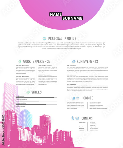 Creative simple cv template with colorful skyscrapers.