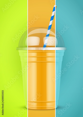 Plastic cup with drink and tube on multicolor background. Presentation Poster for milkshake and lemonade and smoothie. Vector Illustration.
